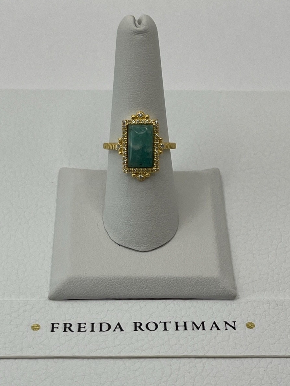 Freida Rothman Gold Ring with Emerald Green Rectangular Stone
